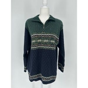 Vtg Liz Claiborne Women's Green Fair Isle Quarter Zip Pullover Sweater M read